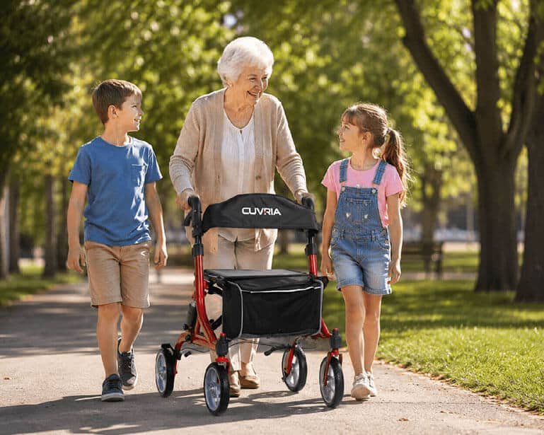 Lightweight red rollator walker with seat by Cuvria Australia