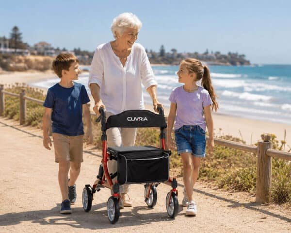 Lightweight red rollator walker with seat by Cuvria Australia
