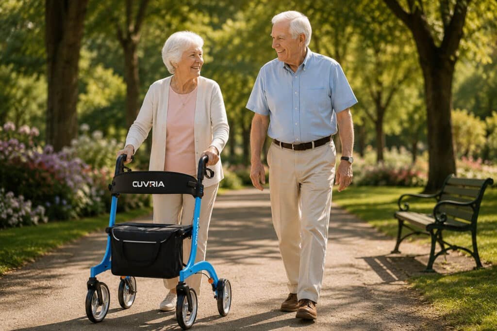 Lightweight red rollator walker with seat by Cuvria Australia